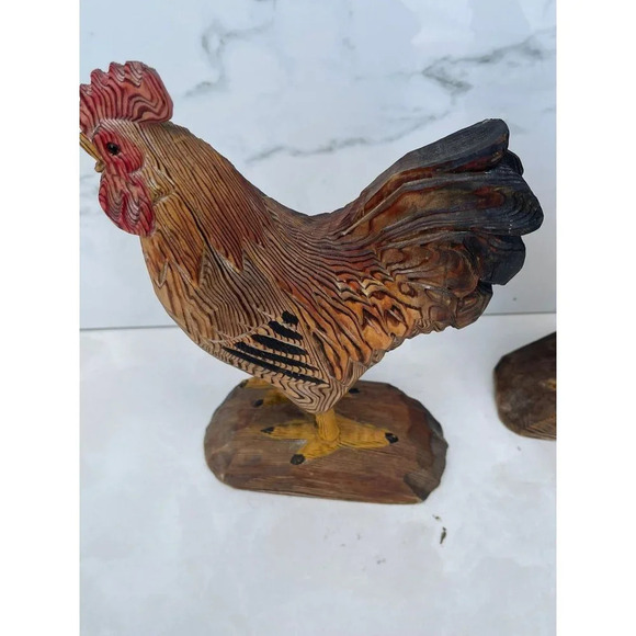 Decoration Antique Two Wooden Carved Rooster Brown Sz 10"x7" - Picture 4 of 11